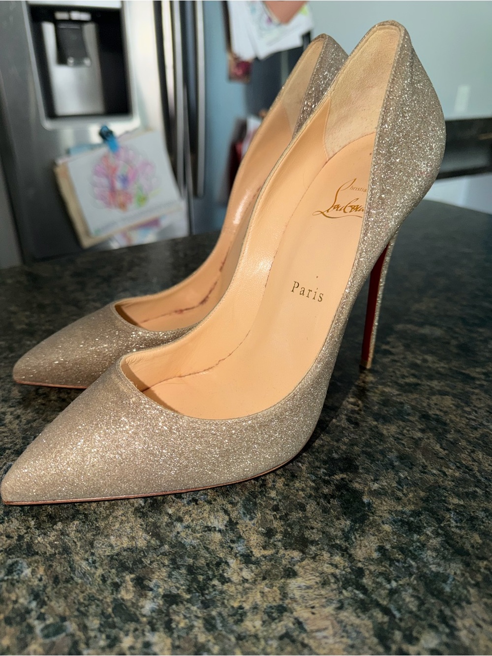 Christian Louboutin Glitter Pointed-Toe Pumps in Champagne Gold